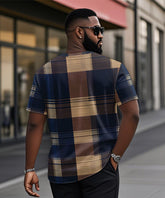 Men's Plus Size Casual Daily Retro Blue Plaid Print Henry Collar Button Short Sleeve T-Shirt